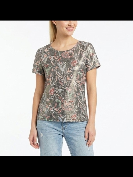 Promod Tops - NEW Promod Short-Sleeve Floral Metallic Tee Size S Black Pink Green Feminine